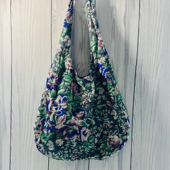 One of Kind 100% Silk Hobo Purse Floral Leather & Brass Handle India Artist - Picture 1 of 10